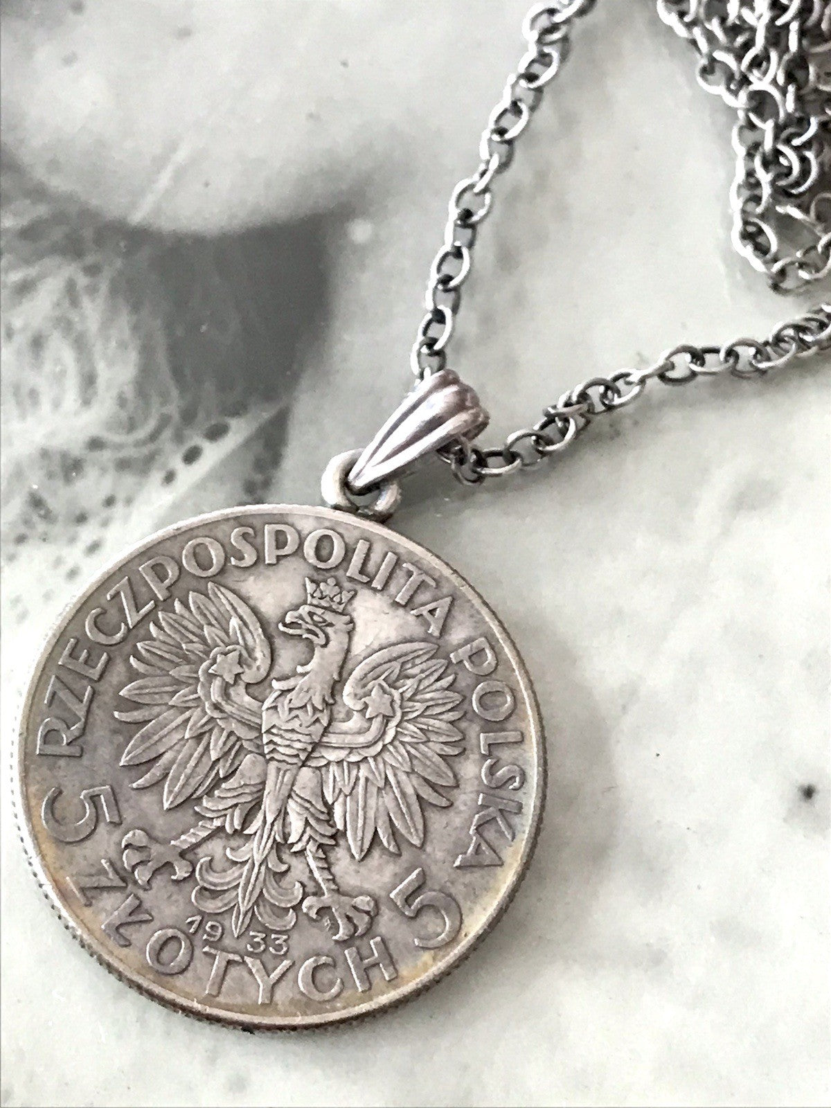 Antik Halskette Münze Jadwiga Polen 1933 Anhänger Kettenanhänger Silber 835