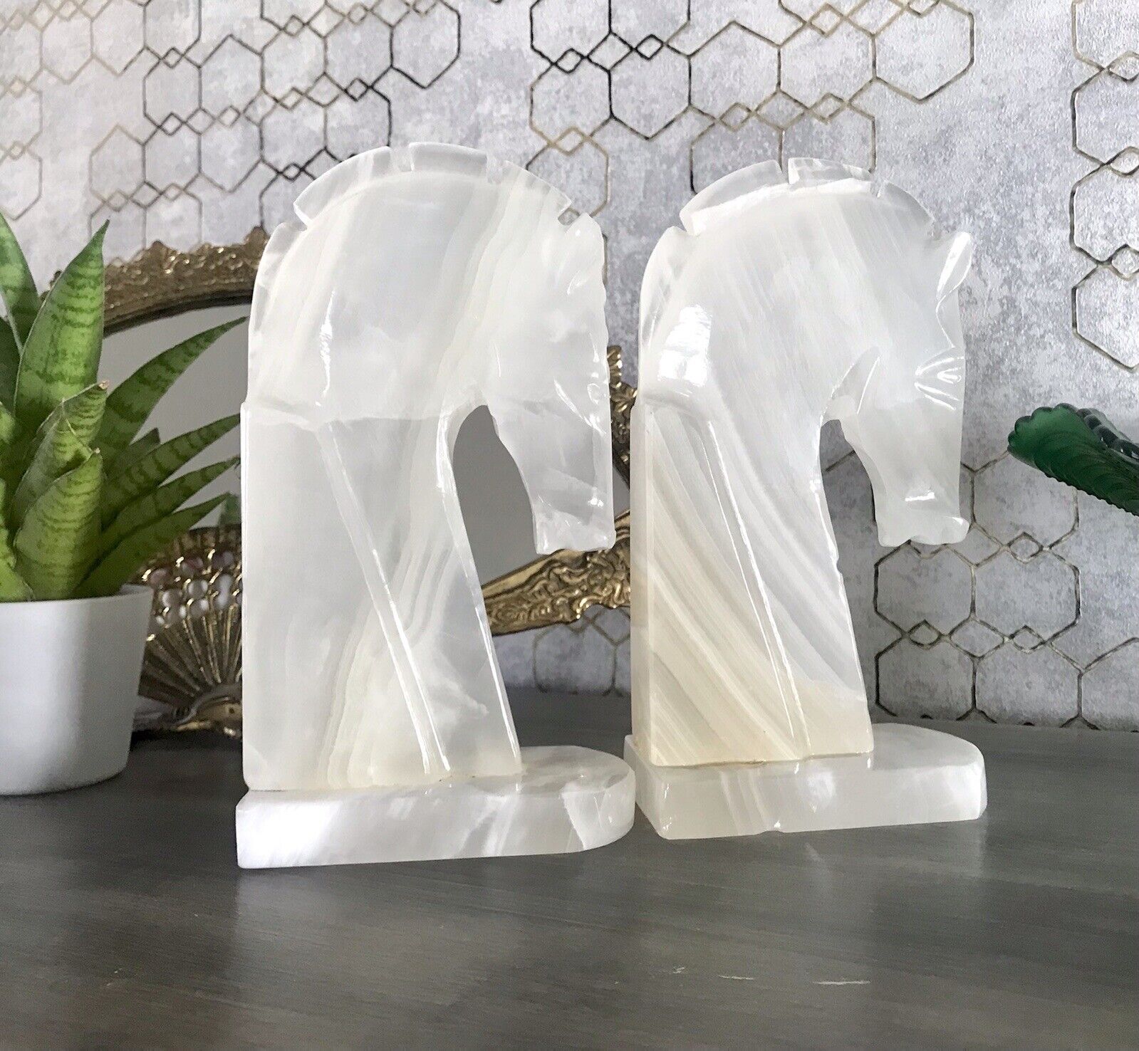 Vintage Alabaster 2 Buchstützen  weißer Onyx wundervoll! 60er 70er