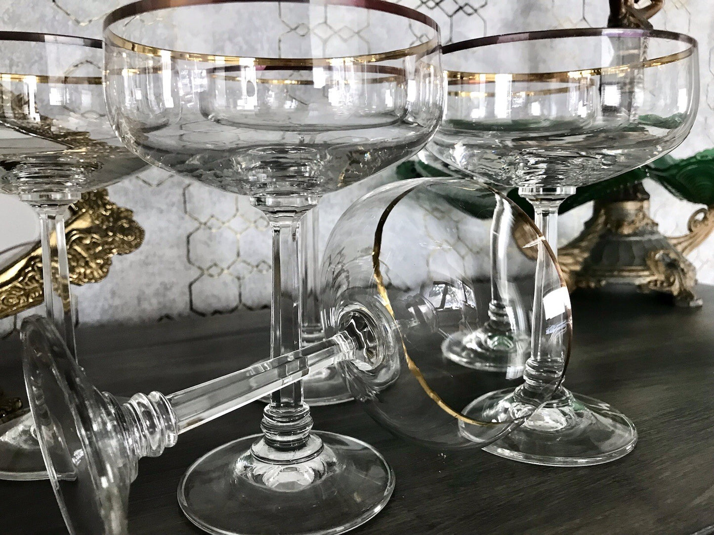 Antik? Art Déco 6 x Champagnerschalen Sekt Gläser Goldrand Lausitzer? Crystal
