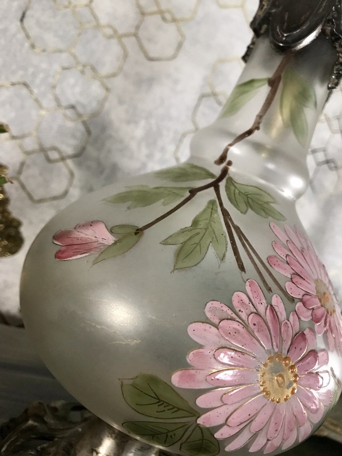 Antik Legras Karaffe Dekanter Schankkrug Glas versilbert Montur bemalt