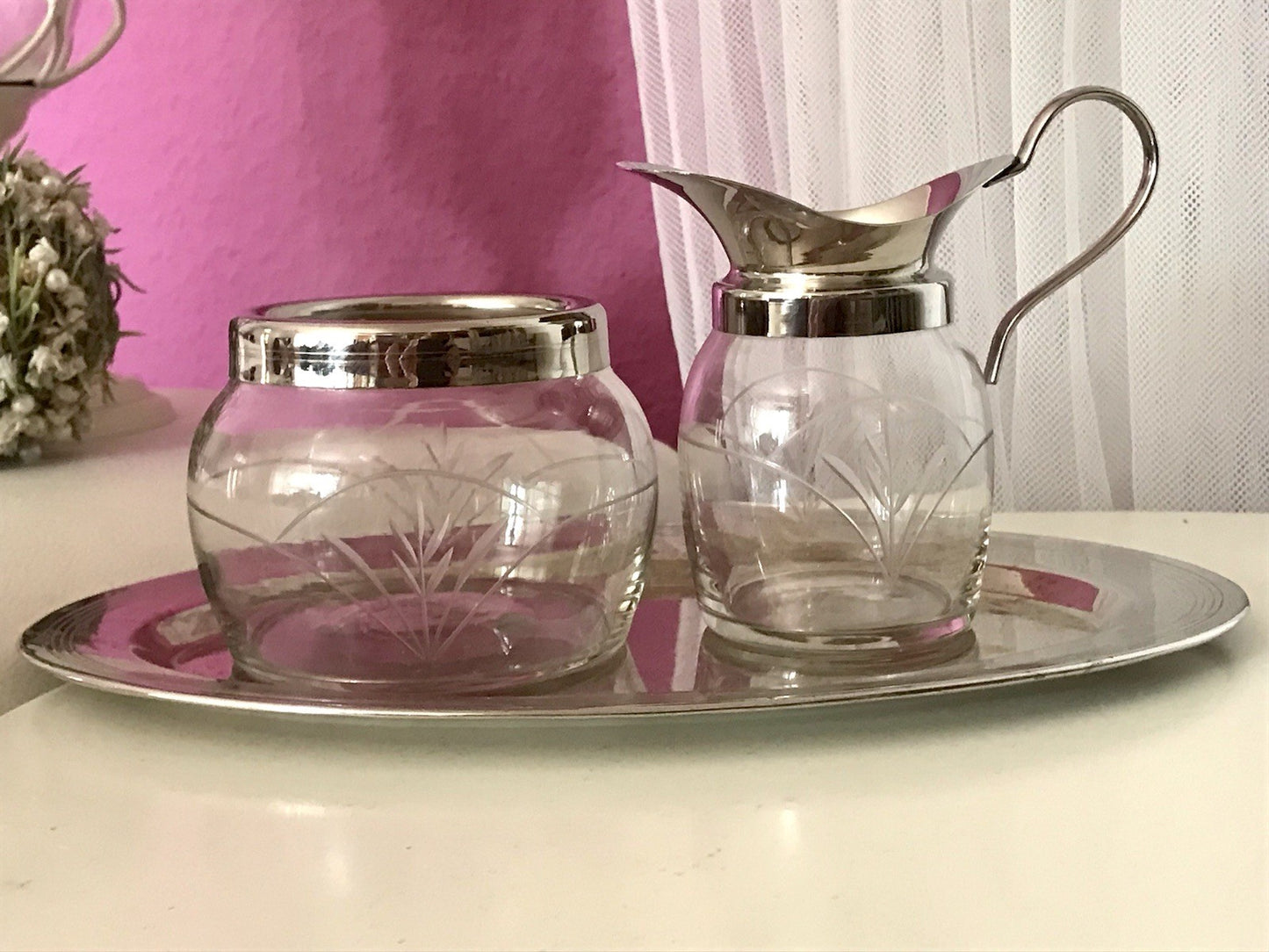 Antik Jugendstil 3 Teile Milch& Zucker Tablett Metallmontur & Glas geschliffen