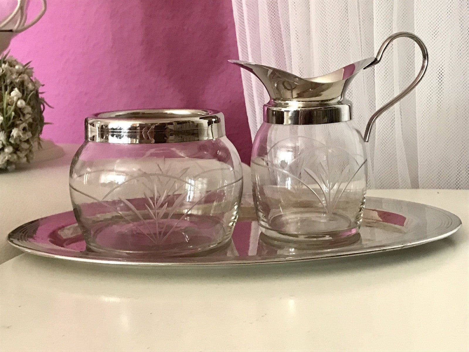 Antik Jugendstil 3 Teile Milch& Zucker Tablett Metallmontur & Glas geschliffen