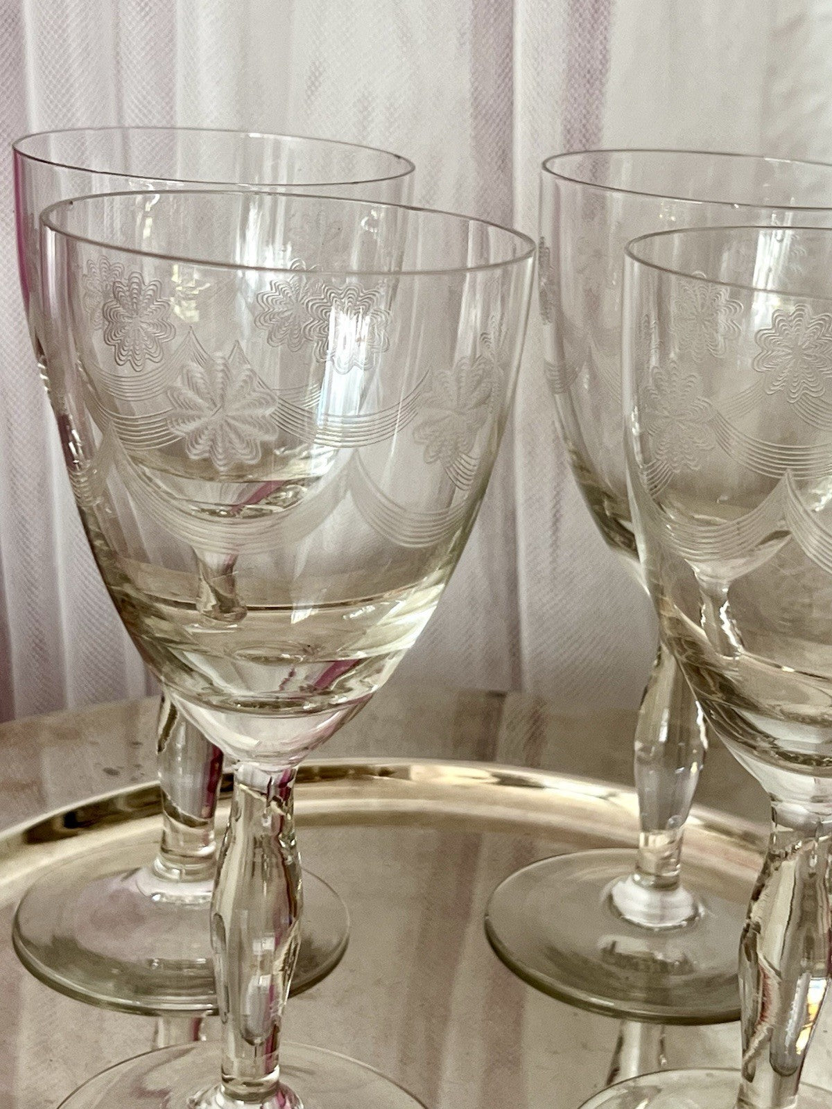 Antik 6 Weingläser Glas So Schön! guillochierte  Borte Edel
