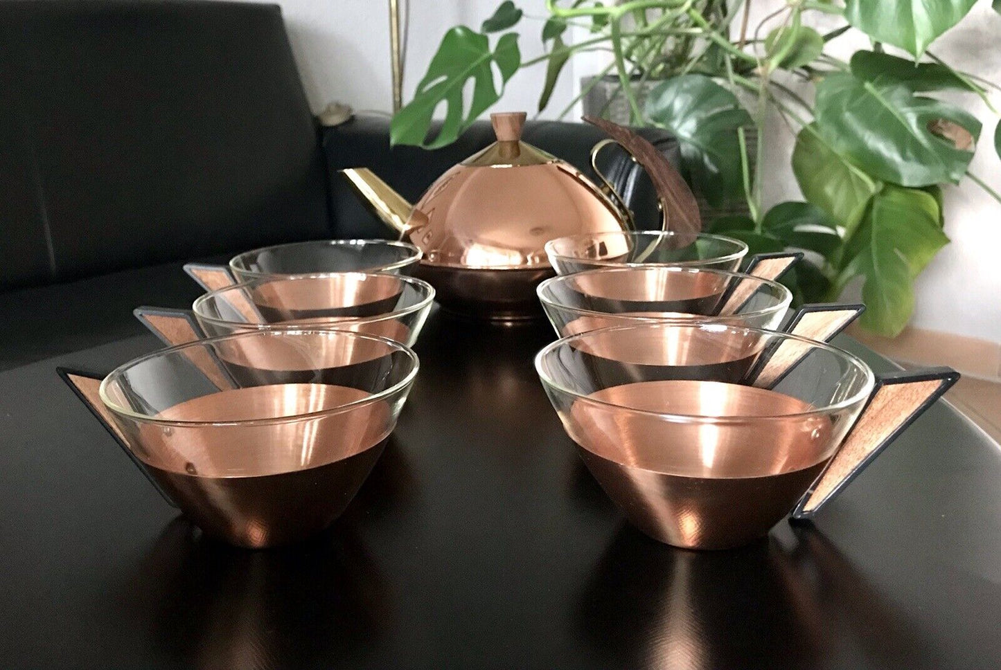 Vintage 60er 6x Teeglashalter mit Glaseinsätzen & Kanne Kupfer Teak