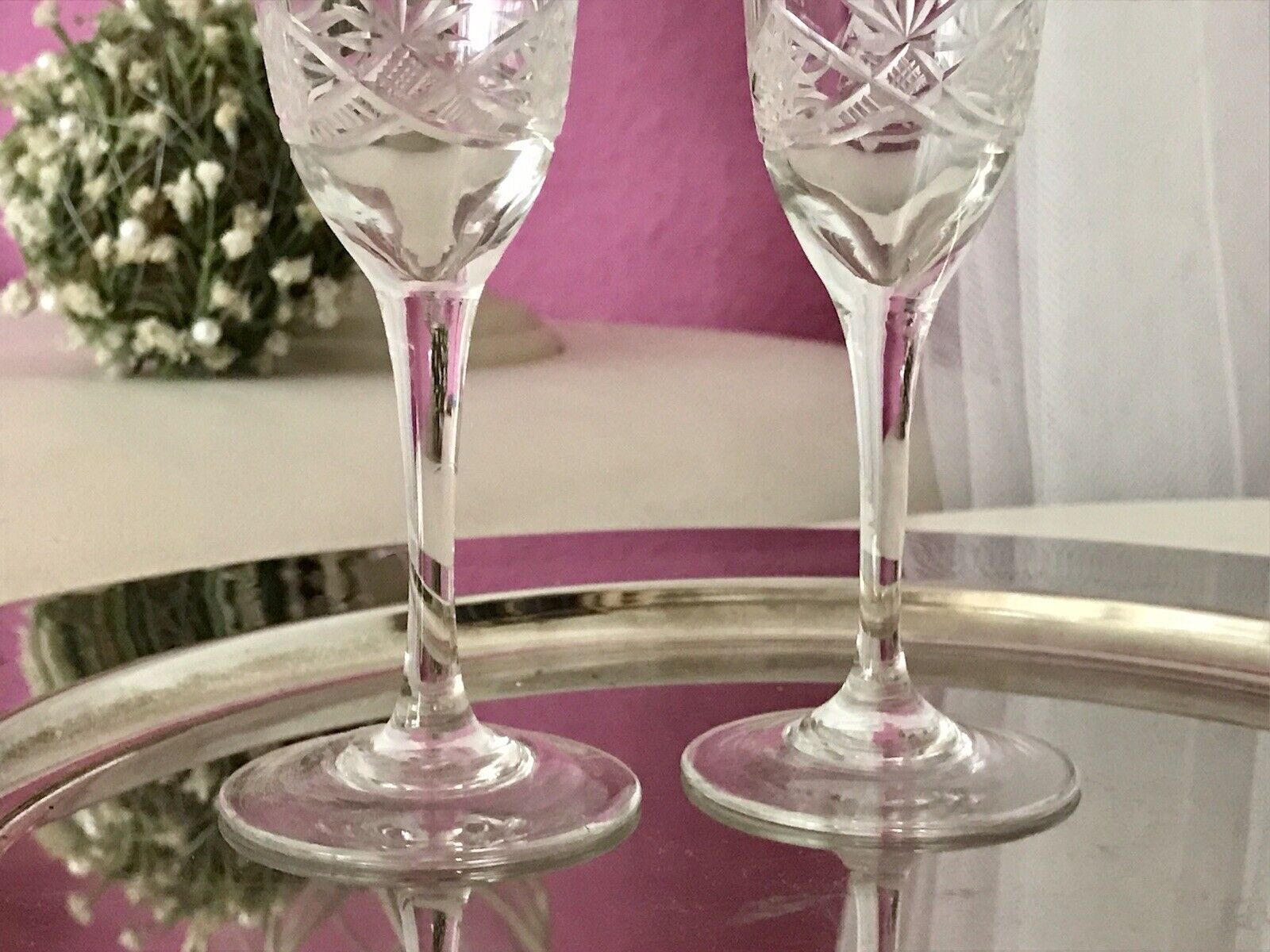 Antik 2 hochstielige Jugendstil Art Déco Likörgläser Kristallglas Schliff EDEL