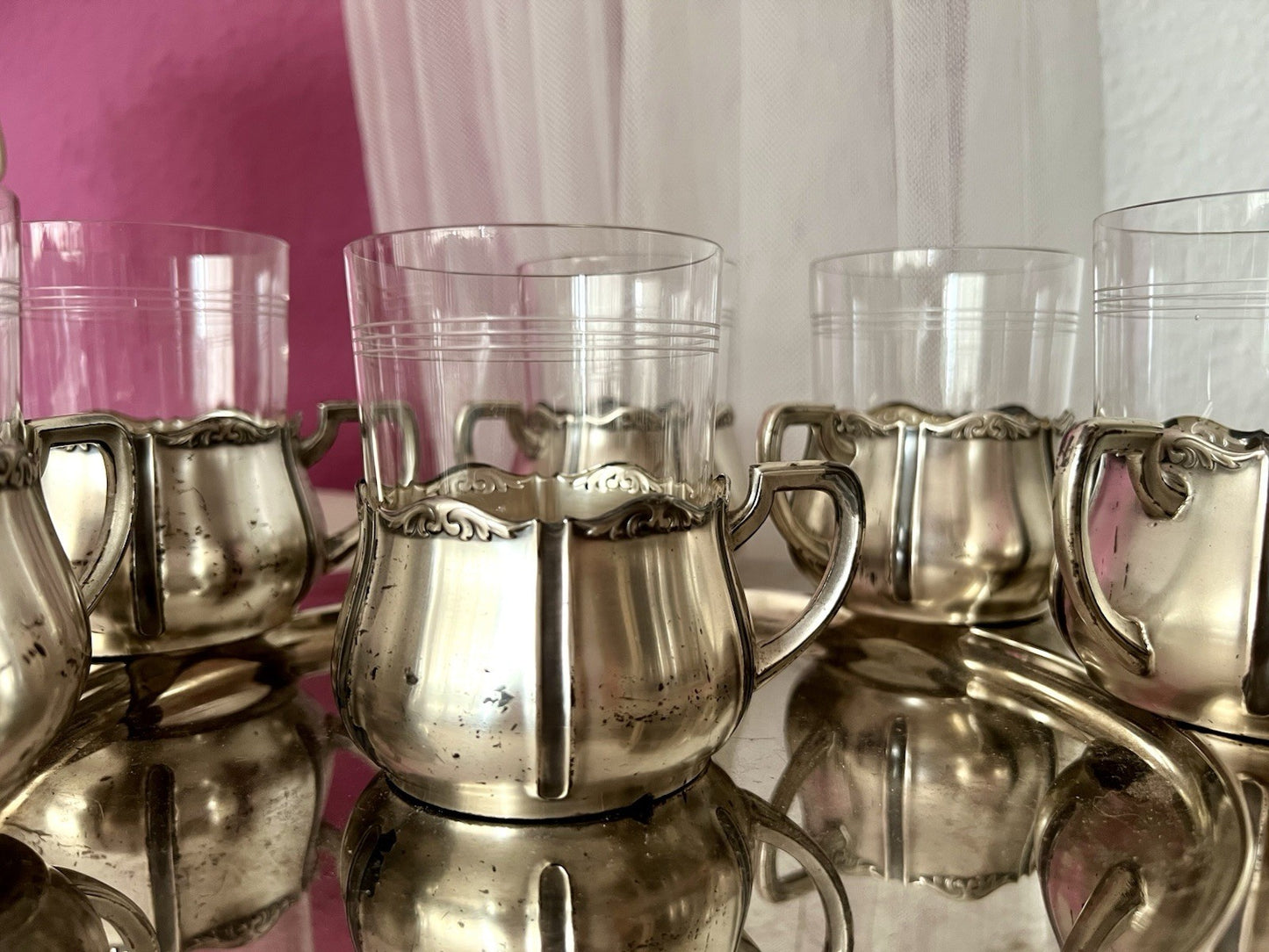 Antik WMF 6 Teeglashalter &6 Glaseinsätze Versilbert Art Déco  3x Straußenmarke