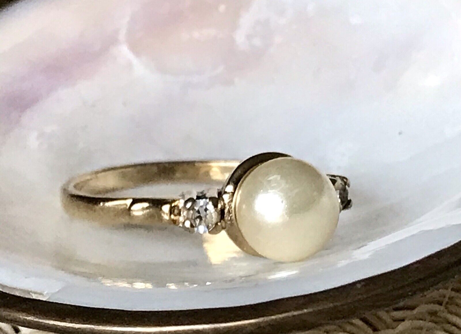 Antik Alt Edel DAMEN RING Silber 925 Perle farblose Steine Gr.58 18,4 vergoldet