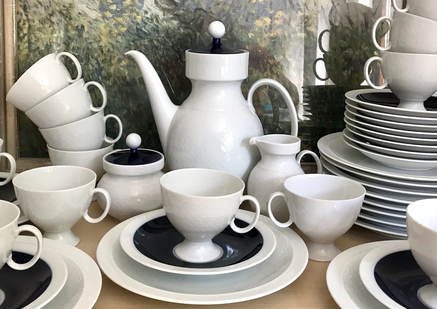 Ak Kaiser Porzellan Kaffeeservice 12 Personen Design weiß kobaltblau mit Relief