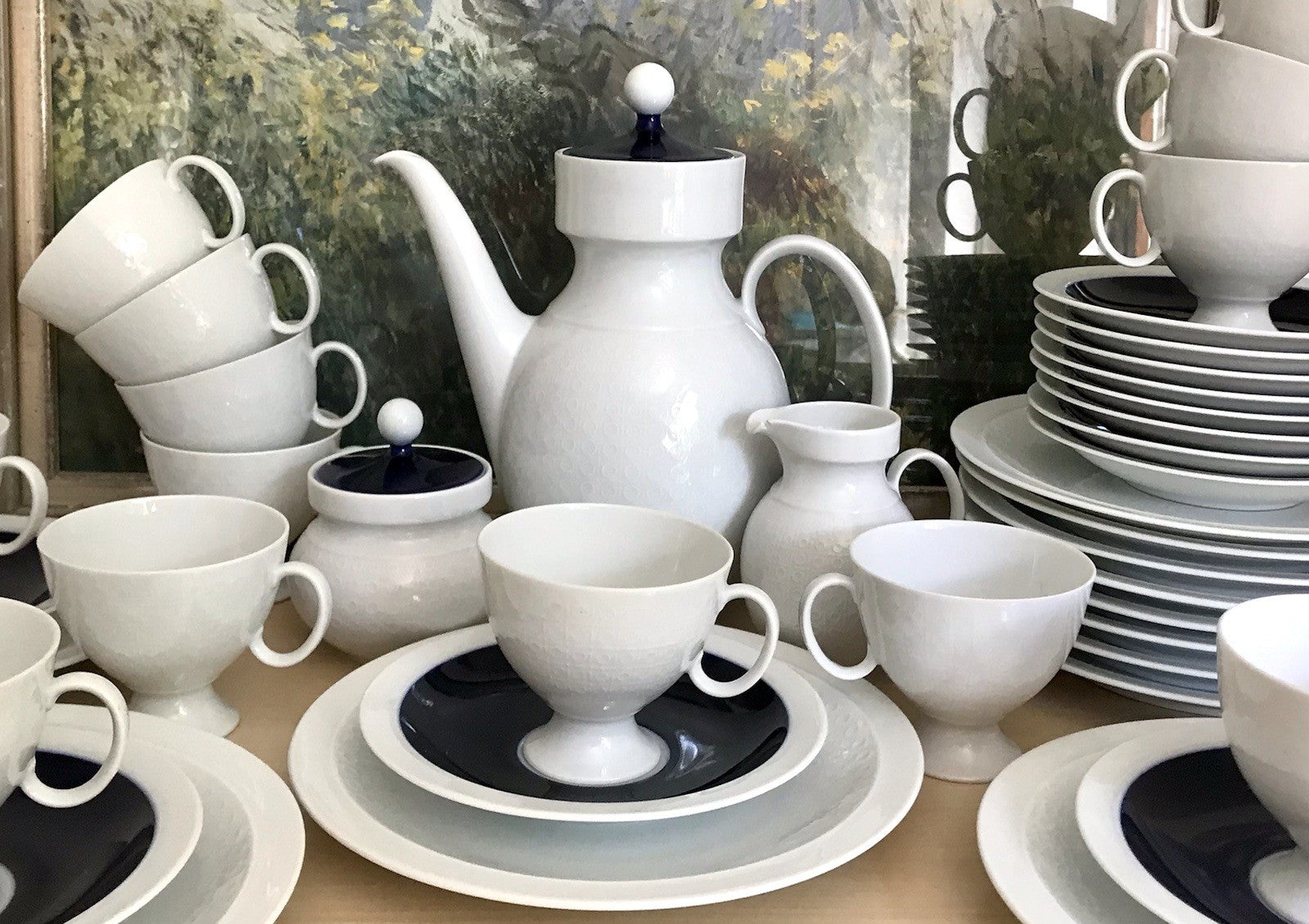 Ak Kaiser Porzellan Kaffeeservice 12 Personen Design weiß kobaltblau mit Relief