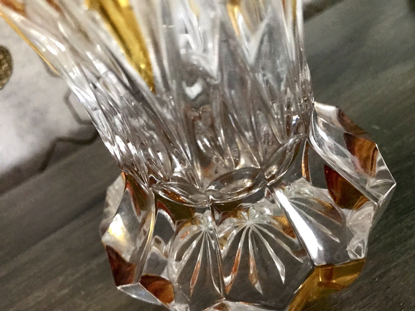 Antik alt Art Déco Stil Glasvase Bleikristall Vase Bernstein Gelbbeize Annahütte