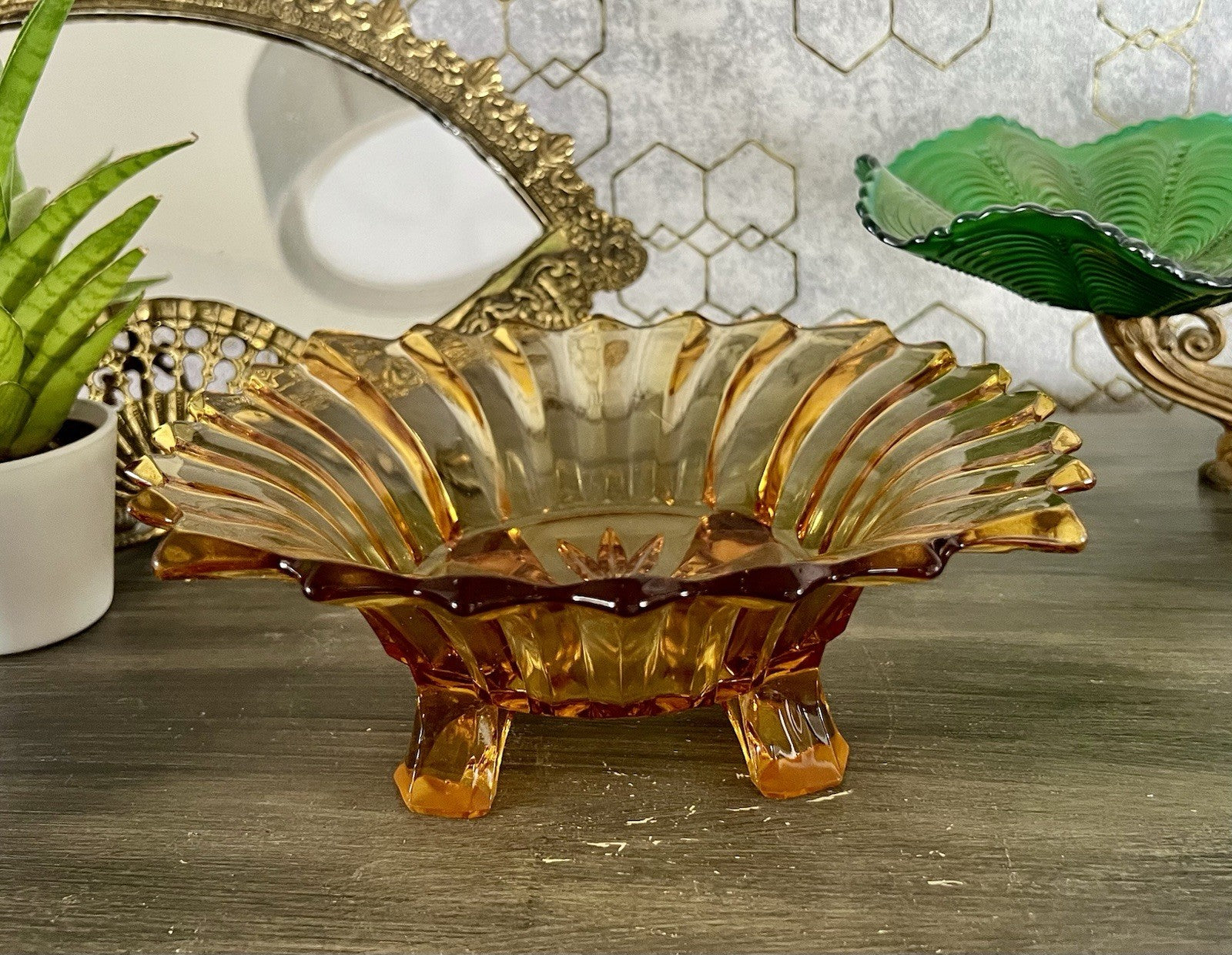 Antik Jardiniere Brockwitz Prismen Bernstein gelb Art Déco Schale Pressglas Glas