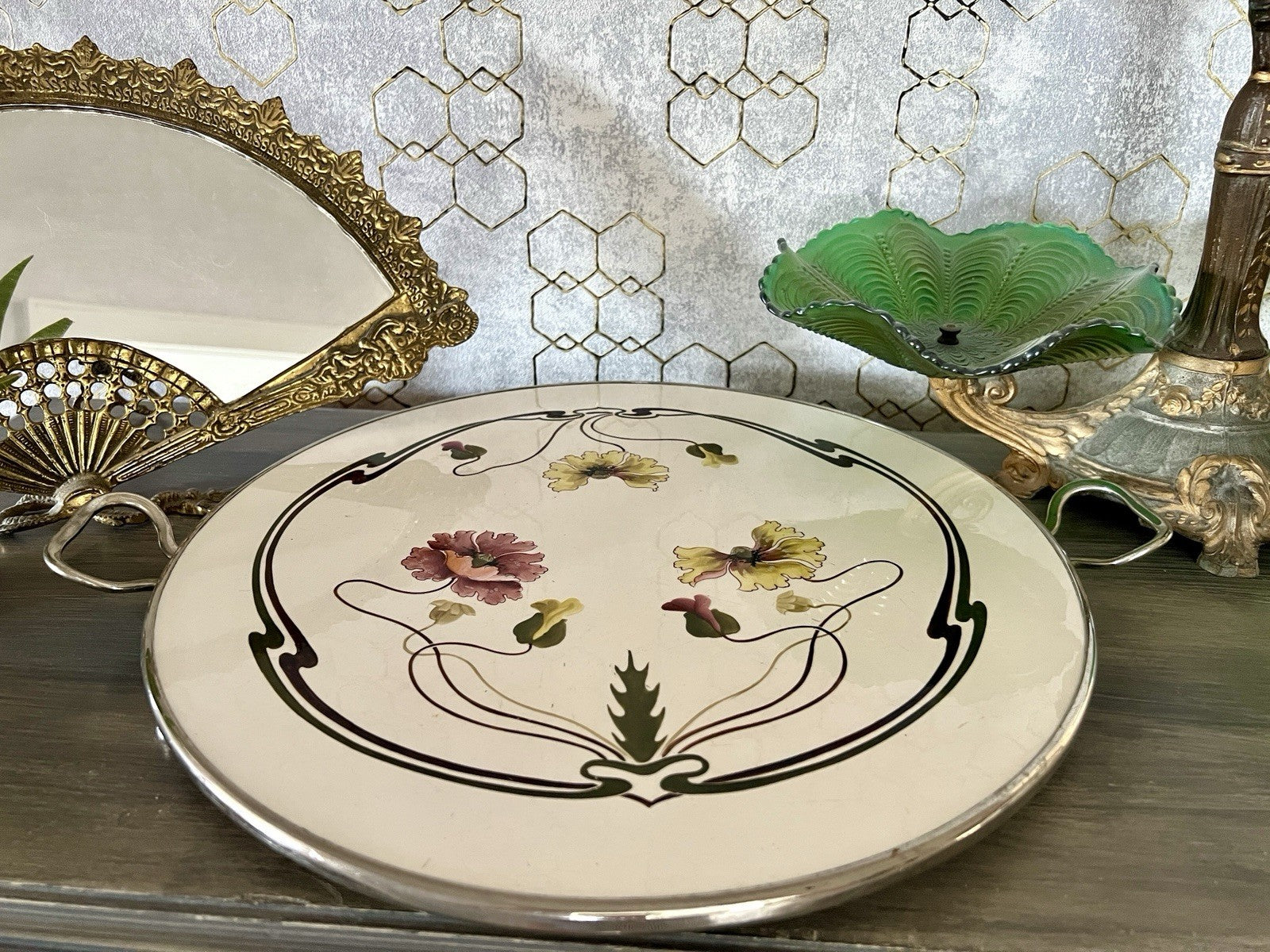 Antik WMF Jugendstil Art Deco Tortenplatte  Metallmontur Porzellan Keramik