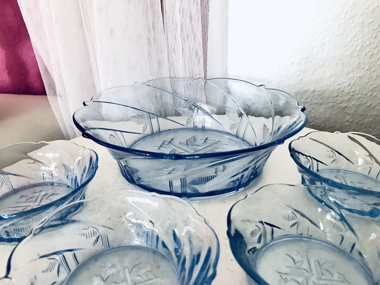 Antik Set blau Dessert Kompott Eis Schale 5x Schälchen Pressglas Art Déco Griffe