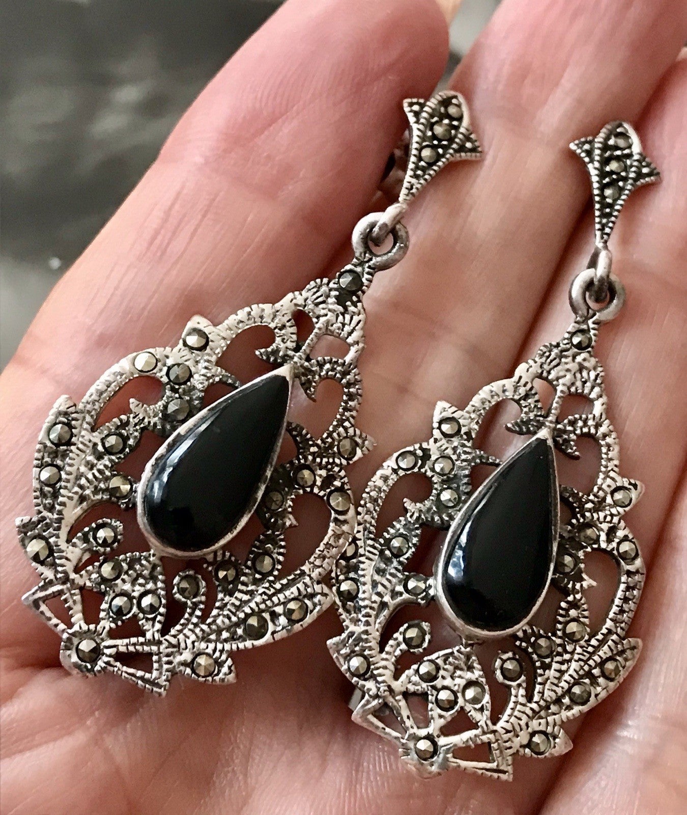 Antik Art Déco Wundervoll Ohrhänger Ohrringe DAMEN Silber 925 Onyx Markasite