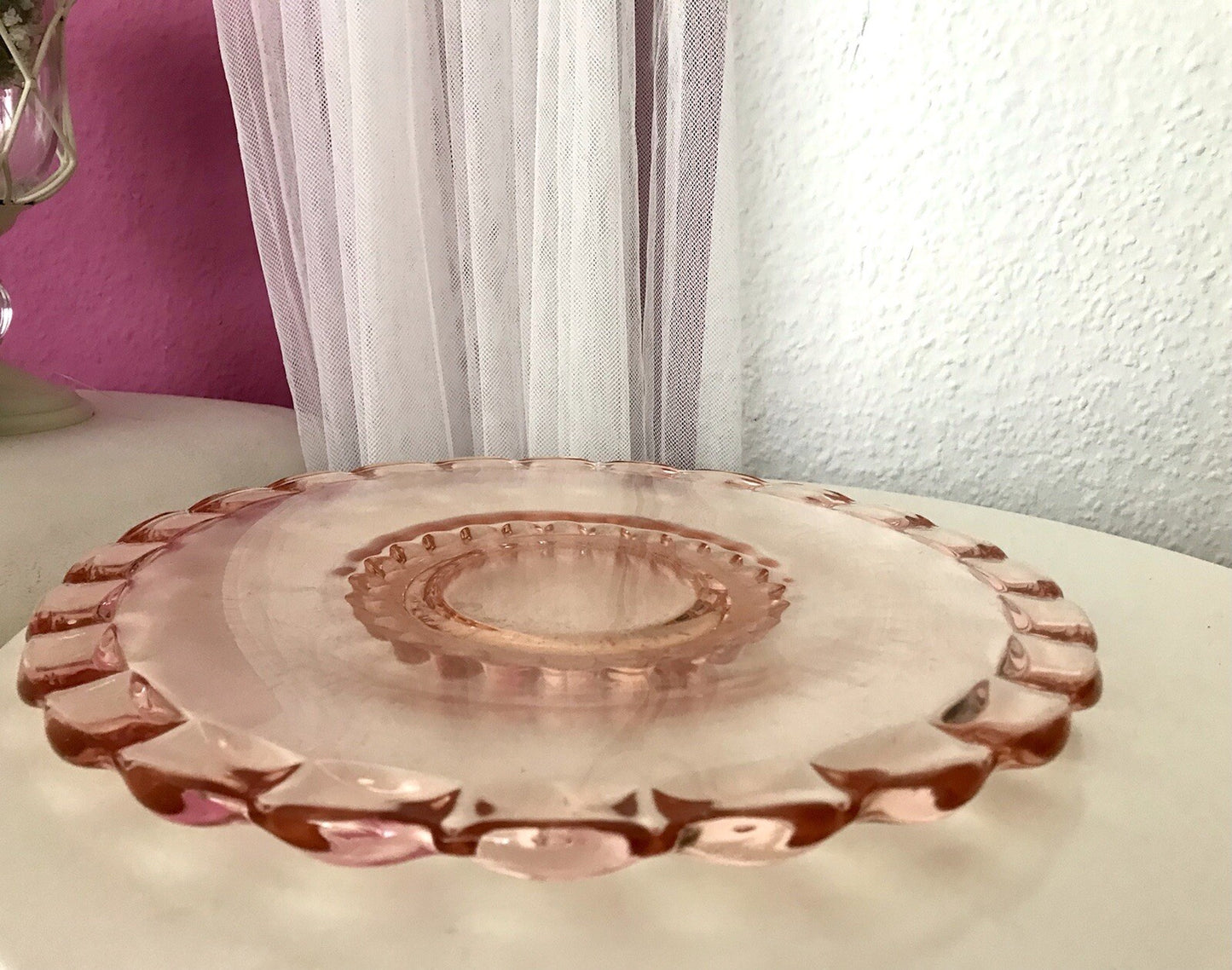 Antik Tortenplatte Tortenständer Rosalin Glas rosa Art Déco Pressglas