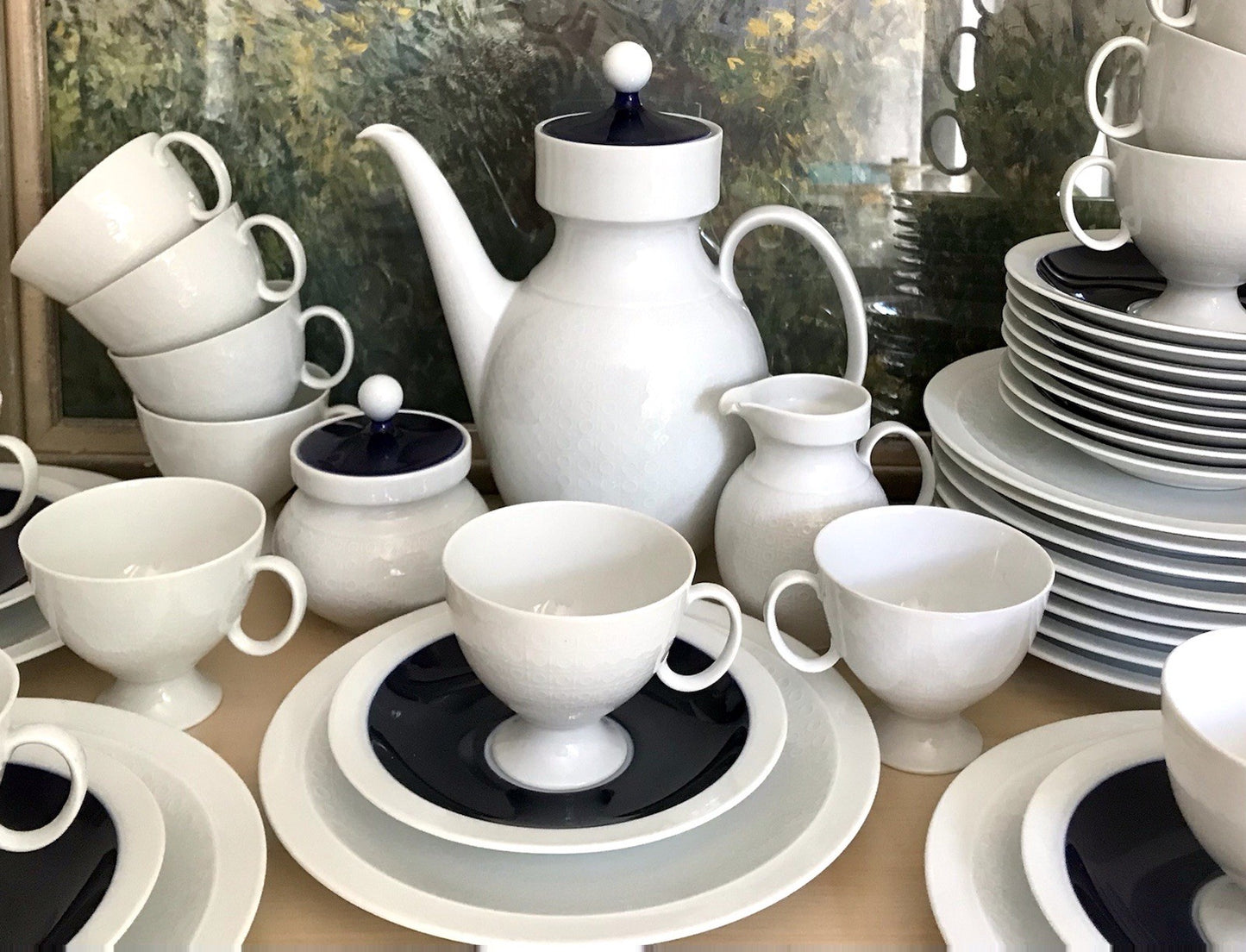 Ak Kaiser Porzellan Kaffeeservice 12 Personen Design weiß kobaltblau mit Relief