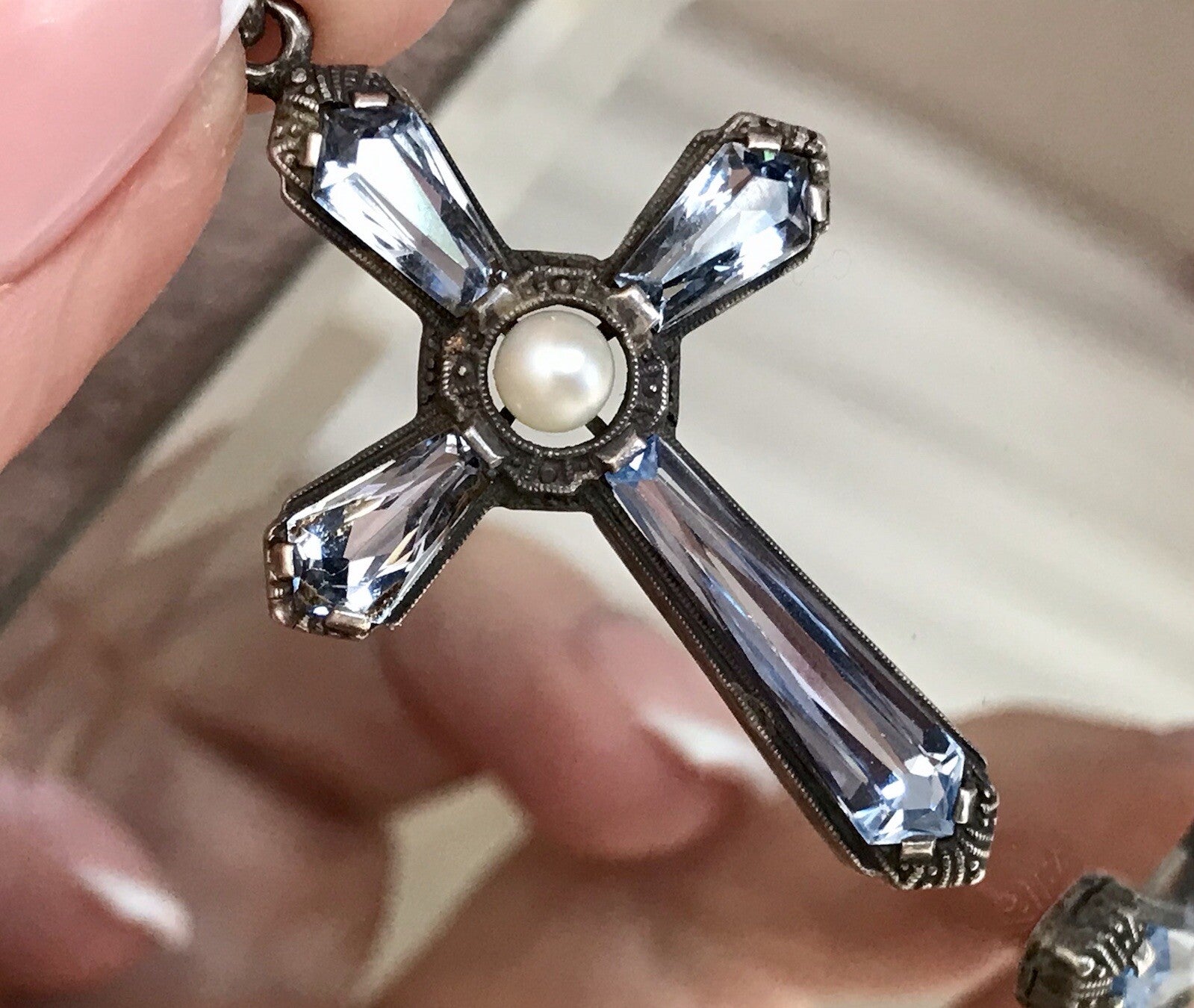 Antik Edel Art Déco Silber Kreuz Anhänger Kettenanhänger blaue Steine Aquamarin?