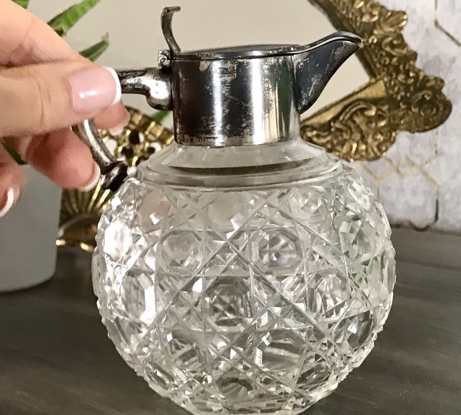 Antik EDEL Schliff Karaffe Kännchen Silber 800 Kristall Glaseinsatz Jugendstil