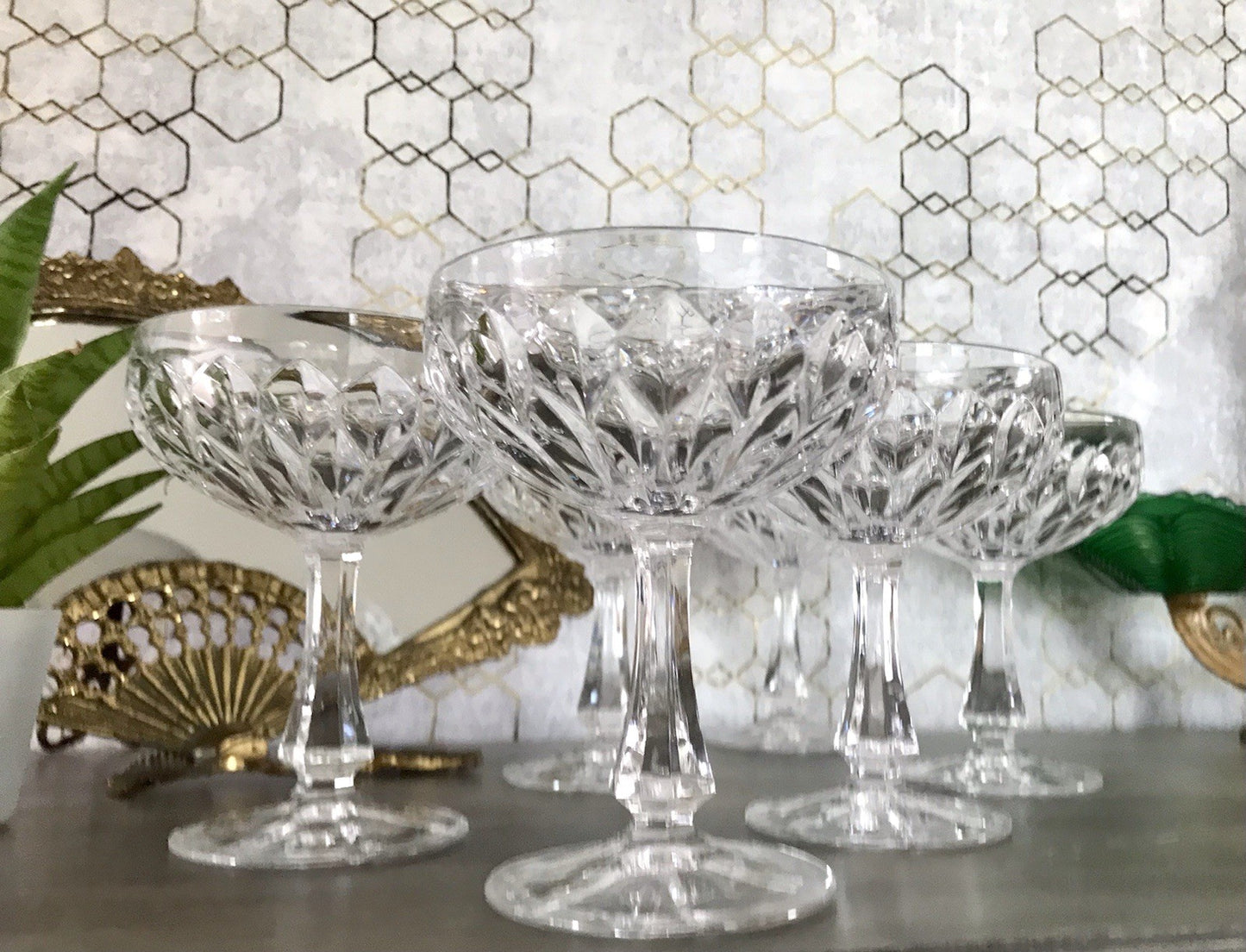 Vintage 9x Champagnerschalen Sektschalen Kristallglas Schliff Bleikristall