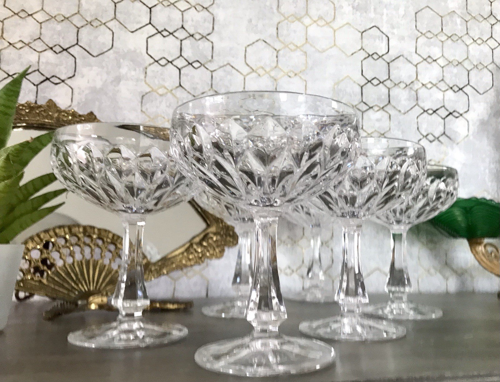 Vintage 9x Champagnerschalen Sektschalen Kristallglas Schliff Bleikristall