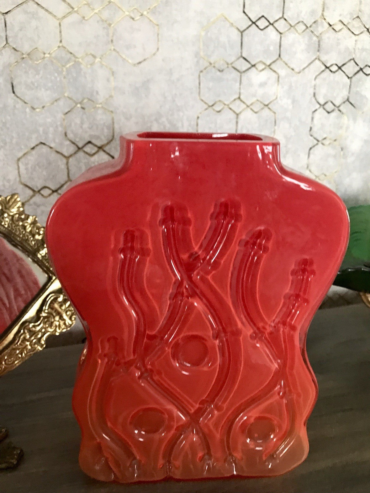 Vintage 70er Design Glasvase Glas Rot Orange Vase Pop Art Hirschberg