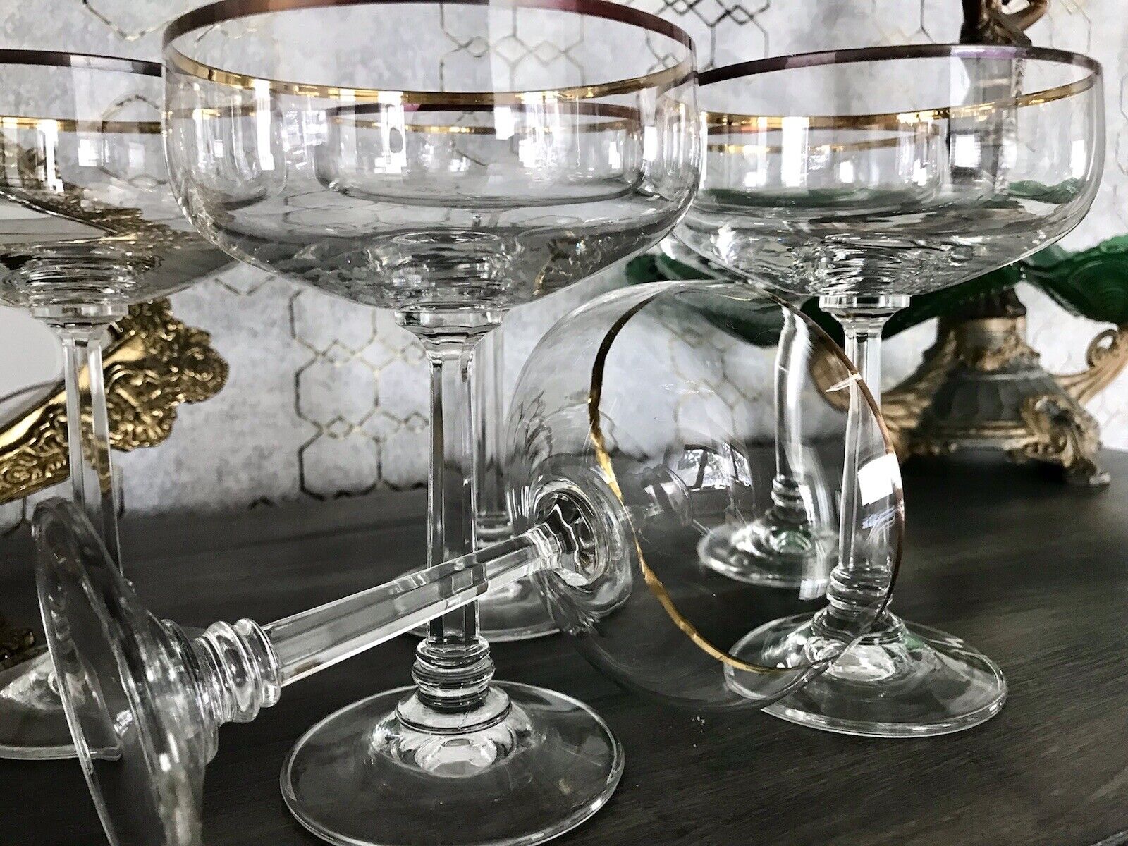 Antik? Art Déco Stil 6 Gläser Champagnerschalen Glas Goldrand Lausitzer? Crystal