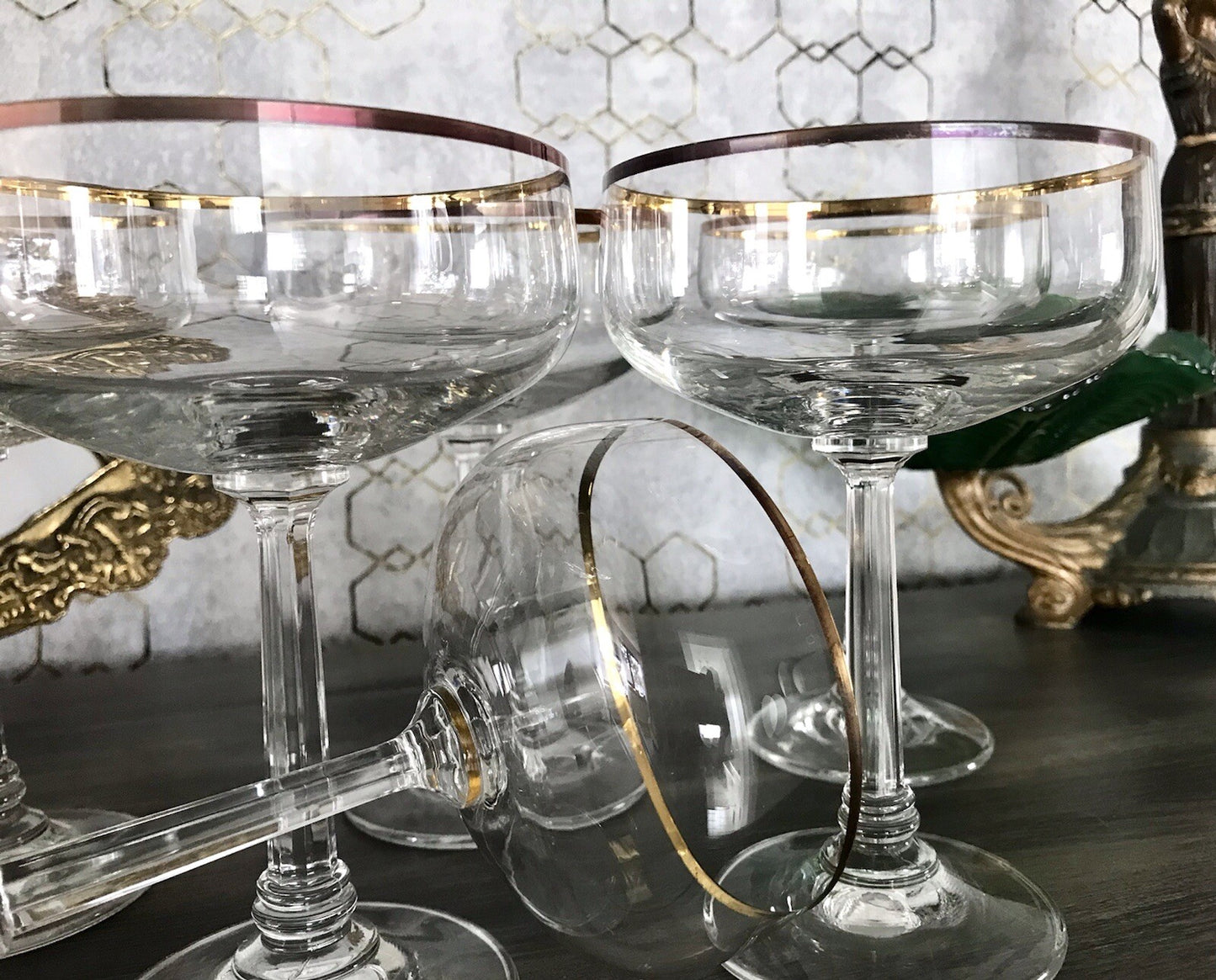 Antik? Art Déco 6 x Champagnerschalen Sekt Gläser Goldrand Lausitzer? Crystal