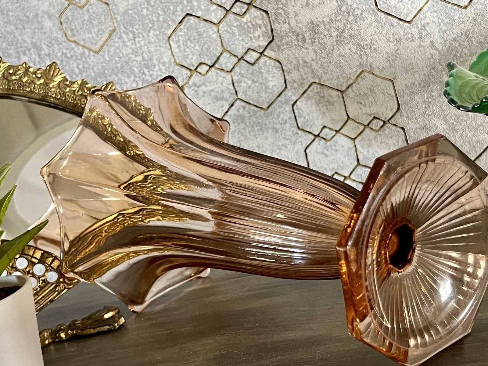 Antik Art Déco 1 GROẞ Vase Glasvase Pressglas Rosalin rosa  Glas