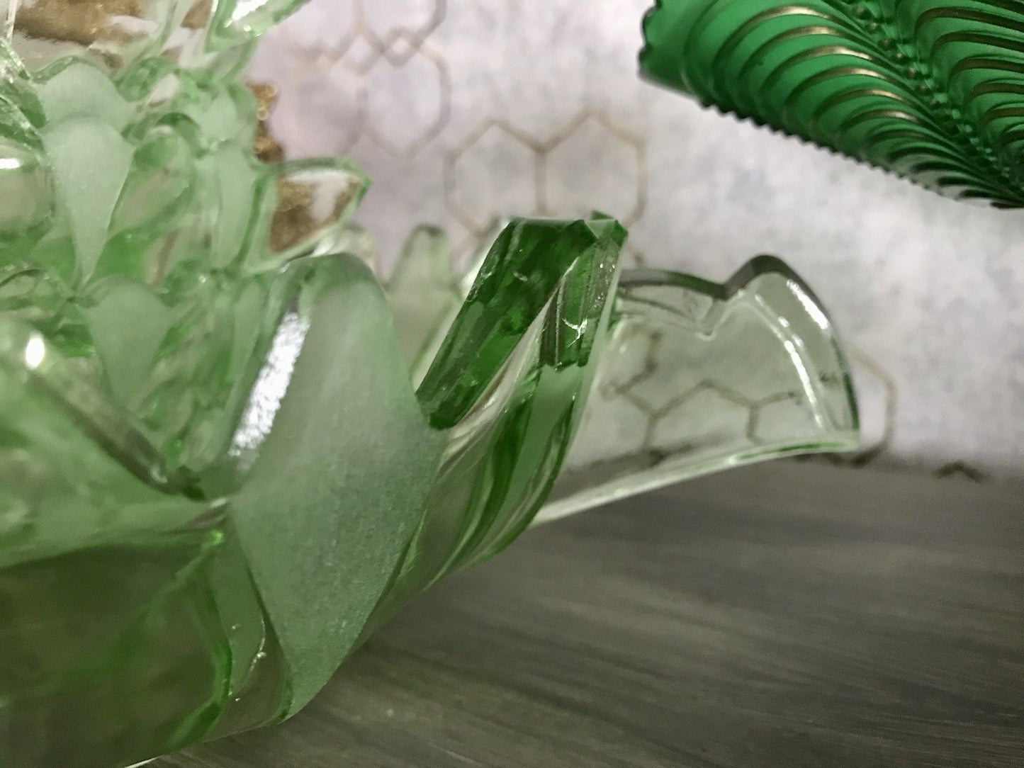 Antik Set grün Dessert Kompott Eis Schale 5x Schälchen Pressglas Art Déco Griffe
