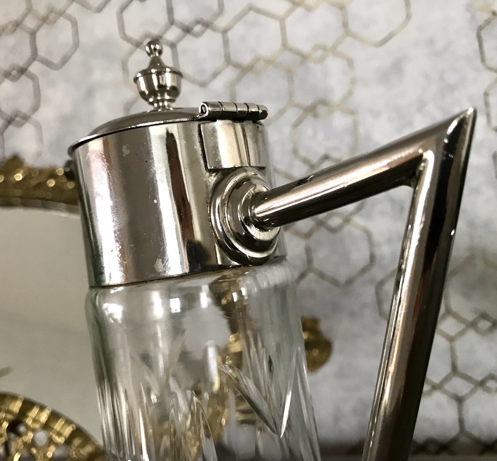 Antik Karaffe Dekanter Metallmontur versilbert? Kristallglas Schliff Edel!