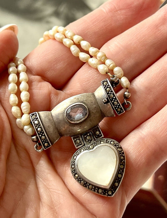 Antik  Jugendstil Silber Collier Perlen Halskette Herz Markasite blauer Stein