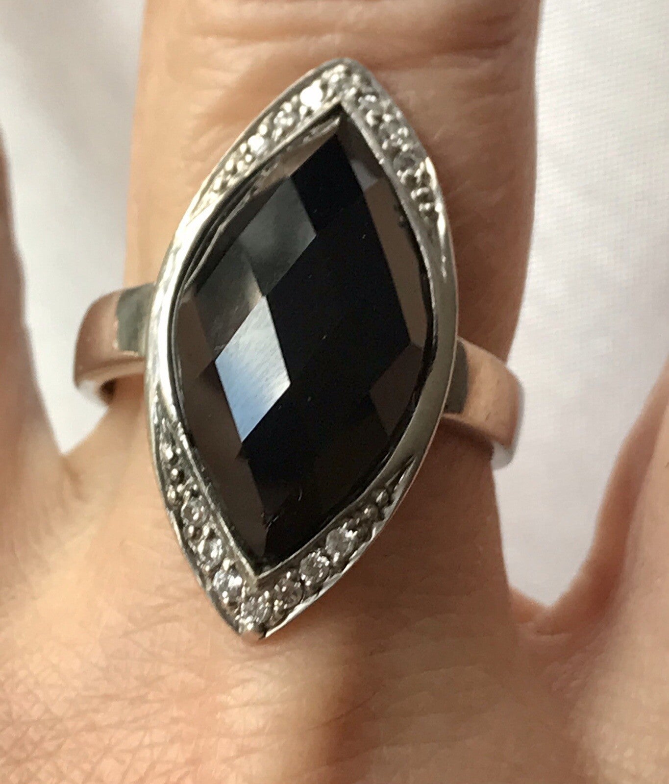 Vintage Onyx? & farblose Steine DAMEN RING Silber 925 Gr.57 58 Schiffchen