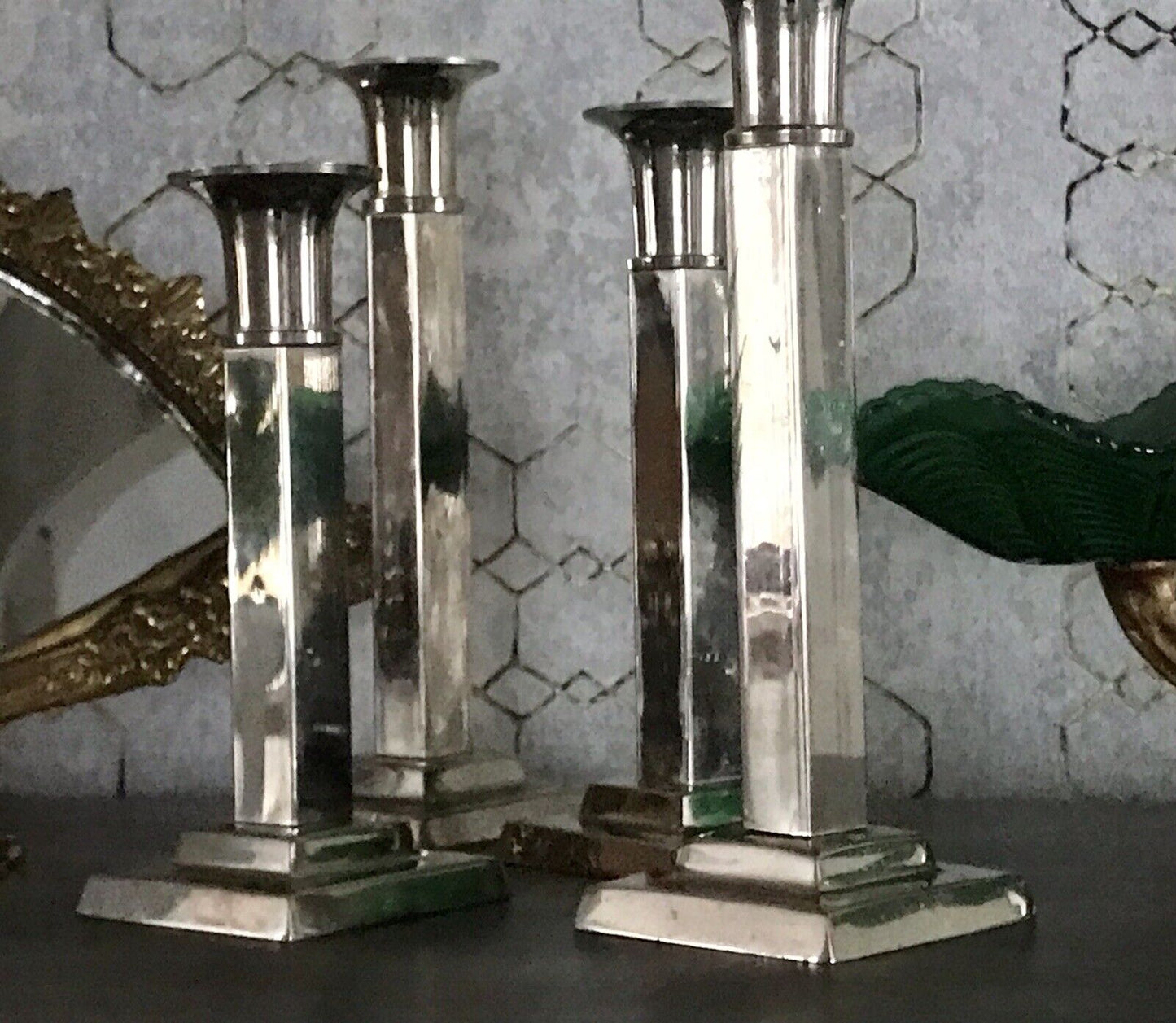 4 Kerzenleuchter Kerzenständer Leuchter Art Déco Stil versilbert? kantig