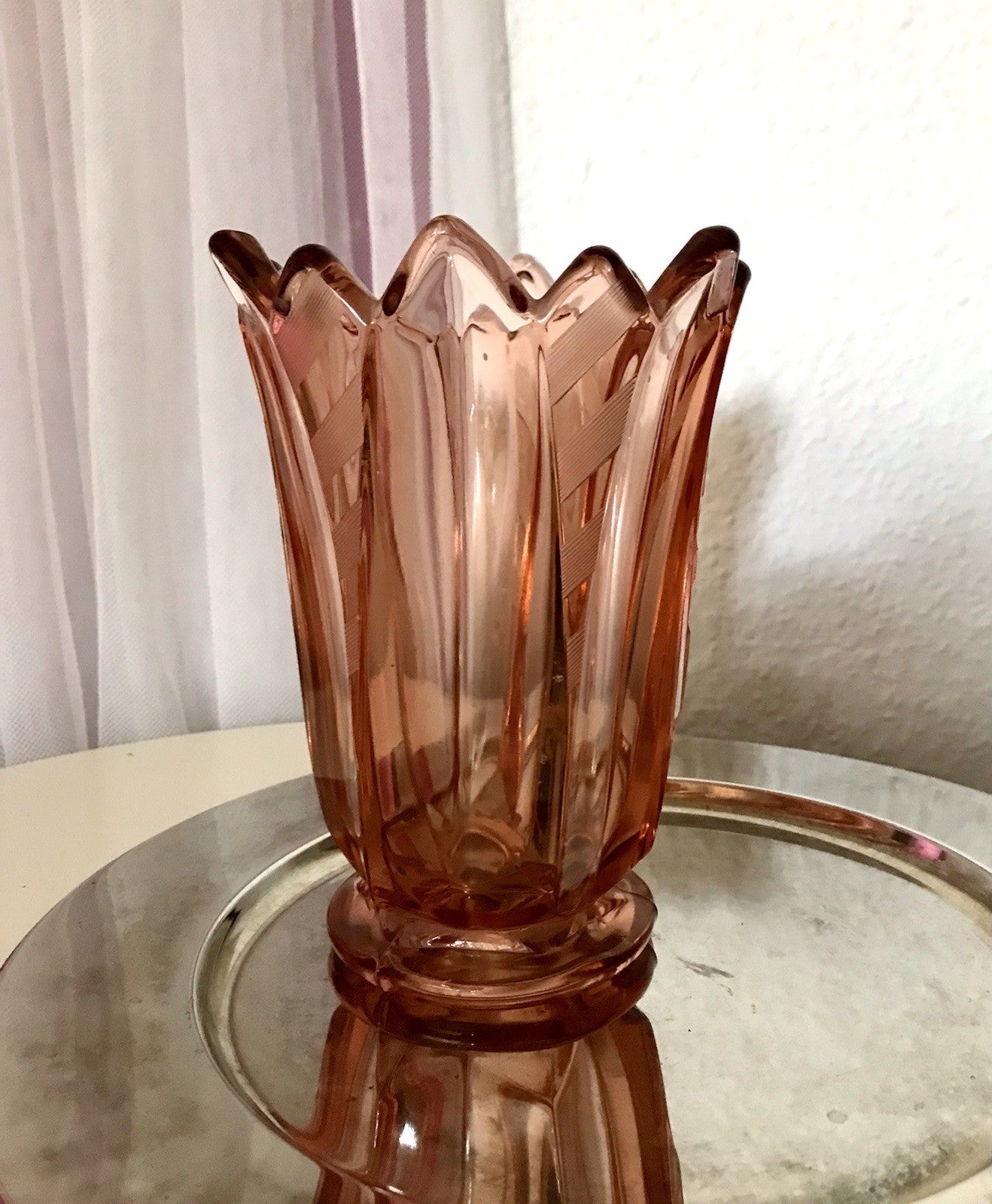Antik Art Déco Vase Glasvase Pressglas Glas Rosalin rosa Blumenvase Schwepnitz