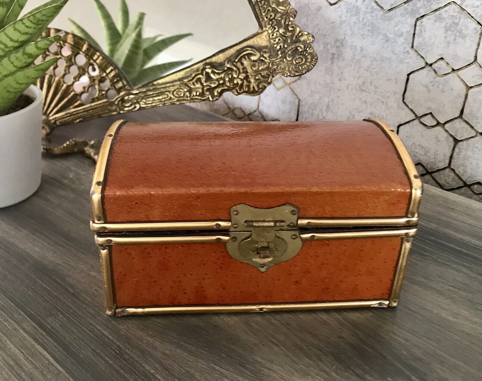 Vintage Schatulle Schmuckdose Dose Kästchen Leder bezogen Cognac