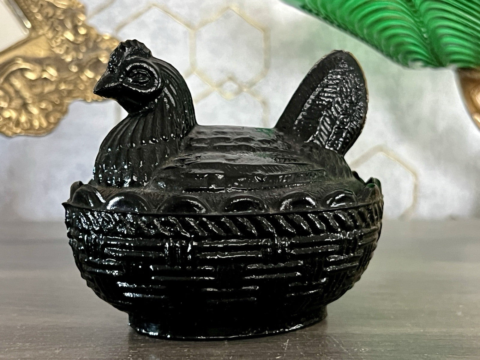 Antik Jugendstil Art Deco Glasdose Dose Deckeldose Pressglas Henne schwarz