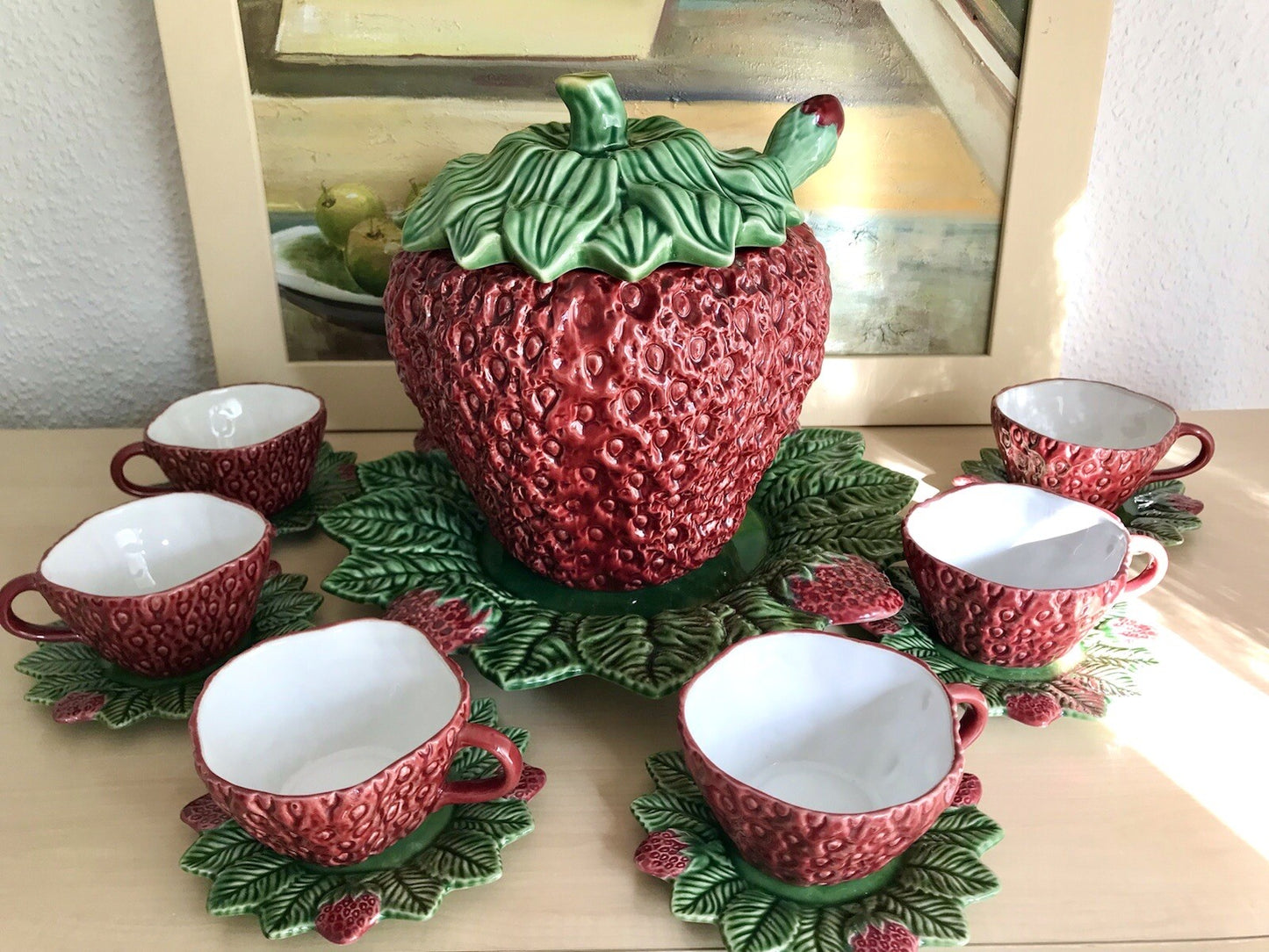 Vintage alt Majolika Keramik Bowle Set Topf 6 Tassen grün rot Erdbeere Pinhero