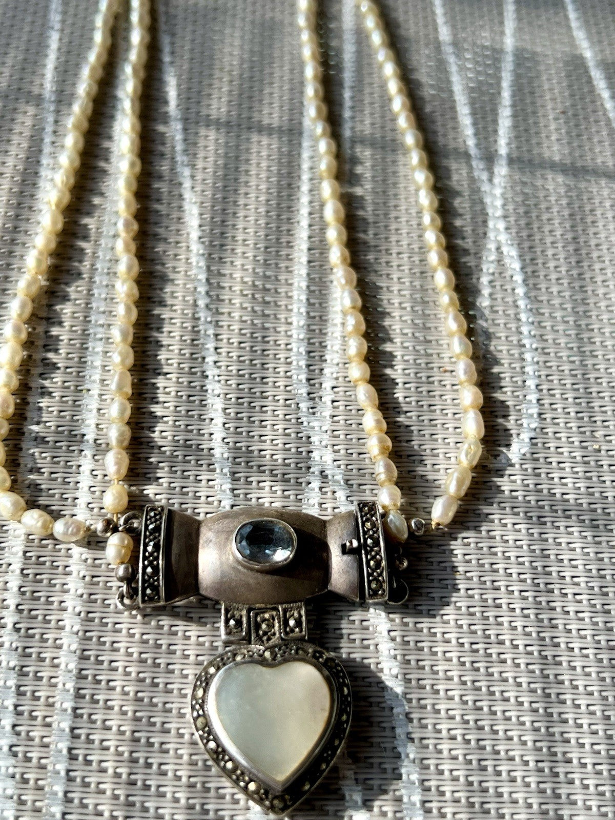 Antik  Jugendstil Silber Collier Perlen Halskette Herz Markasite blauer Stein