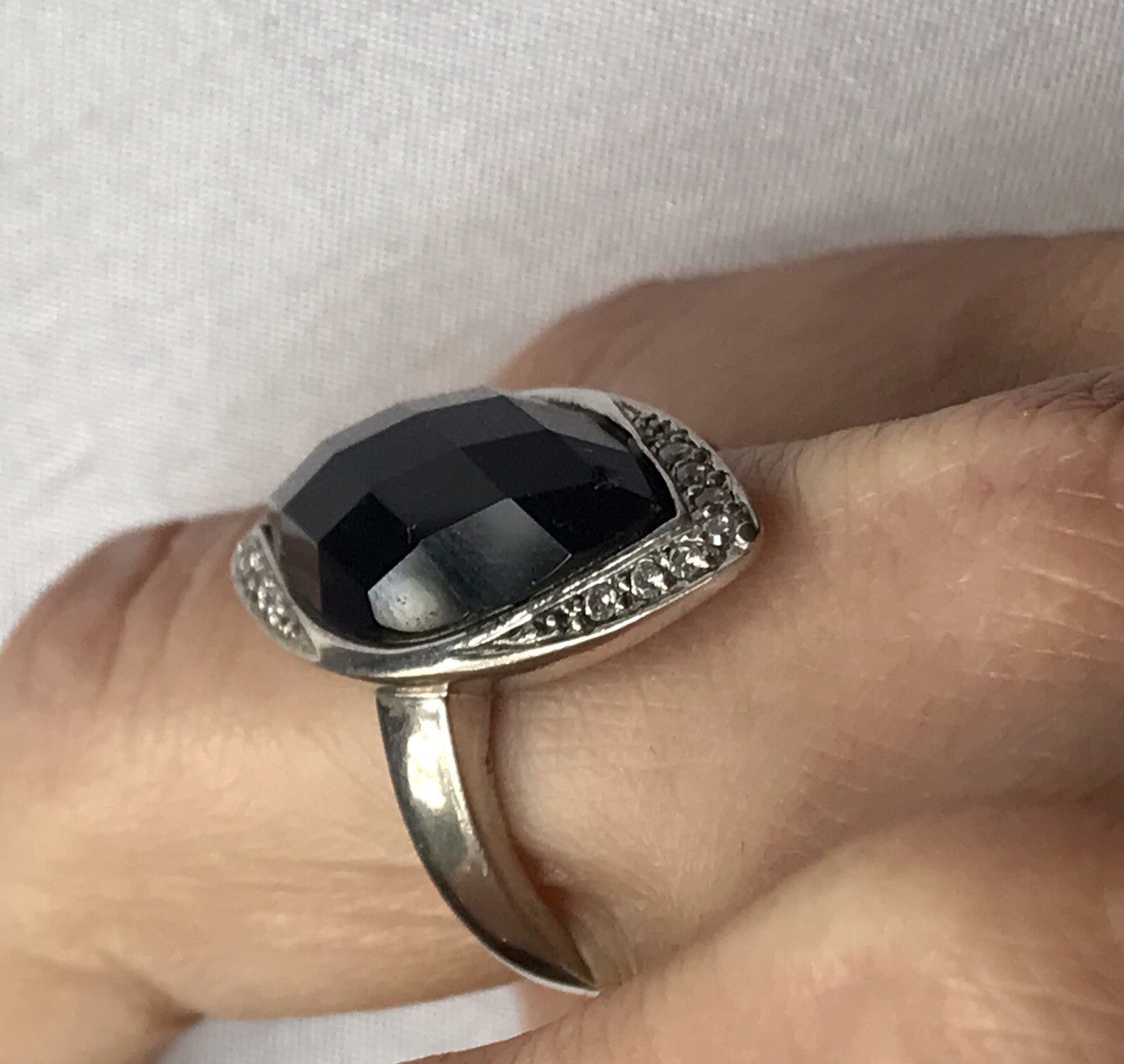 Vintage Onyx? & farblose Steine DAMEN RING Silber 925 Gr.57 58 Schiffchen