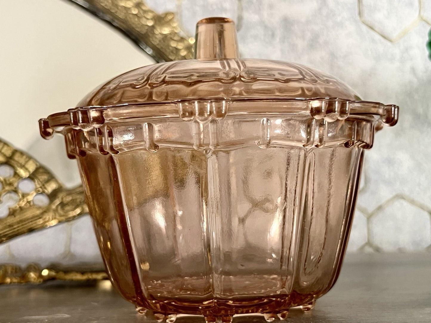 Art Déco Stil Dose Deckeldose Rosalin Rosa Pressglas