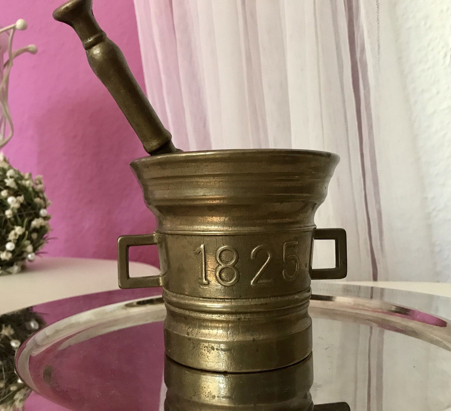Alt Vintage Messing Mörser mit Pistill Stößel 1825 Replik