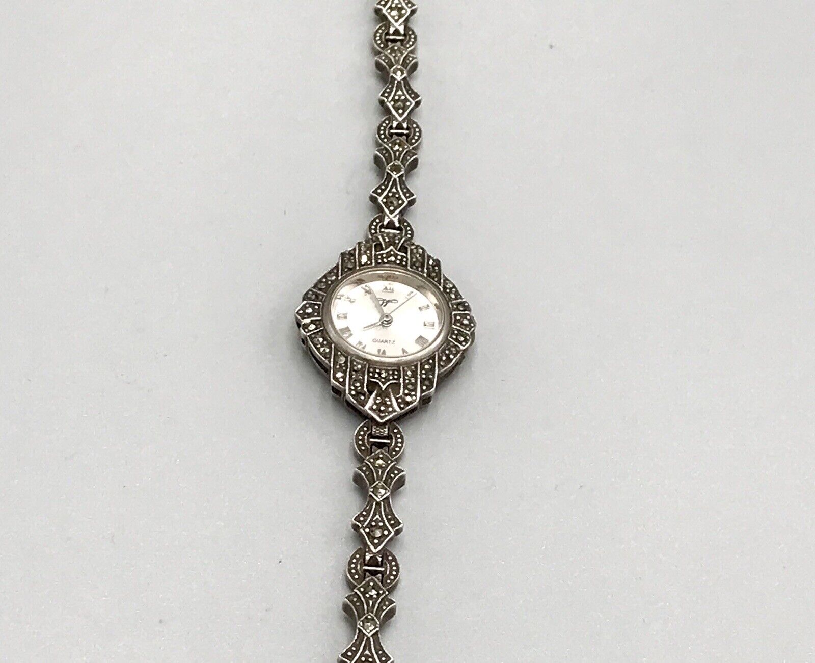 Vintage EDEL!!! Art Déco Stil 925 Silber Armbanduhr Damen Markasite wundervoll!
