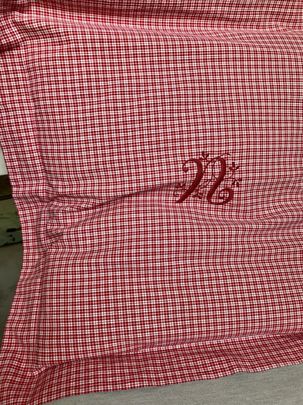 Antik? Vintage Alt Kopfkissen Bezug Baumwolle Monogramm N Stehsaum rot kariert