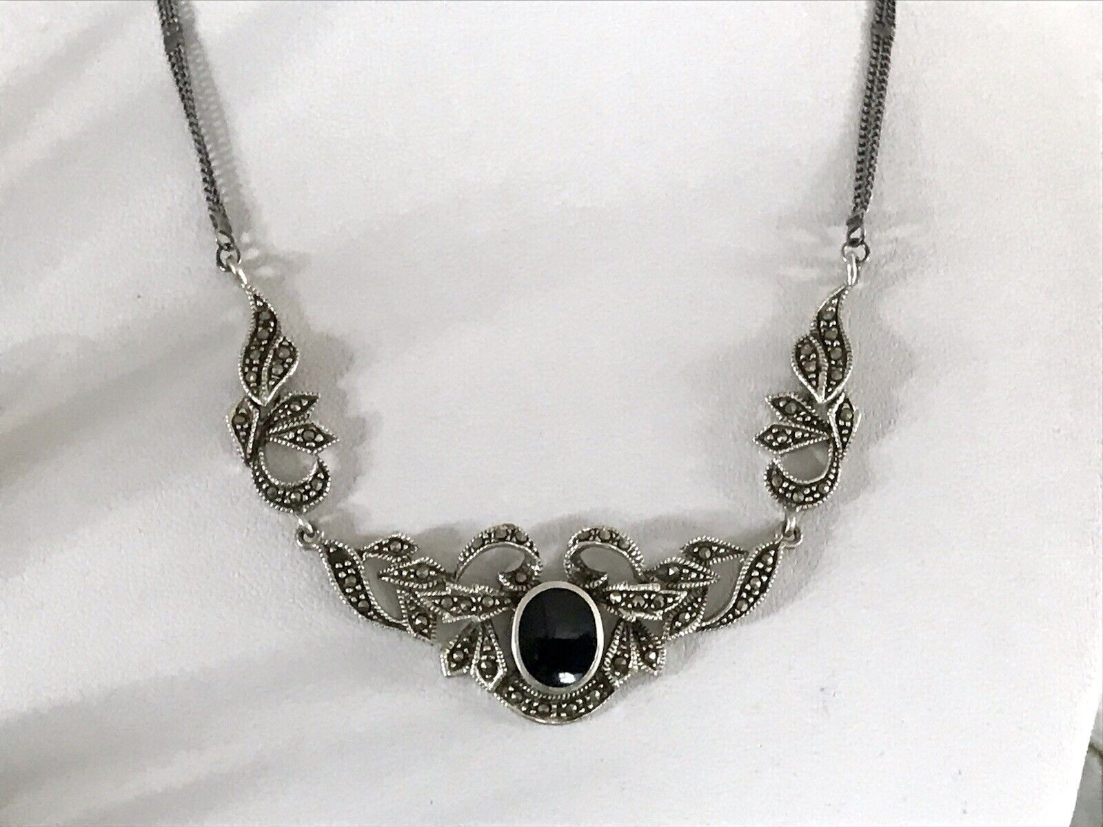 Antik Edel Jugendstil Art Déco 925 Silber Collier Halskette mit Onyx & Markasite