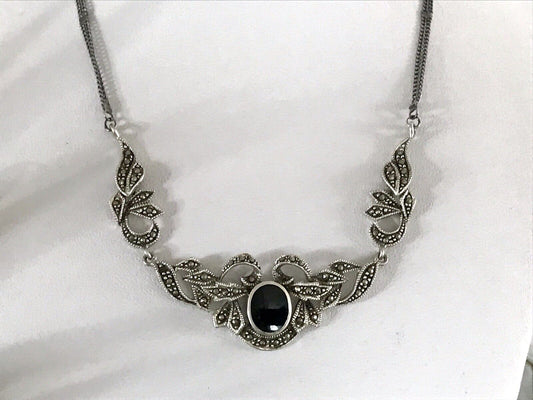 Antik Edel Jugendstil Art Déco 925 Silber Collier Halskette mit Onyx & Markasite