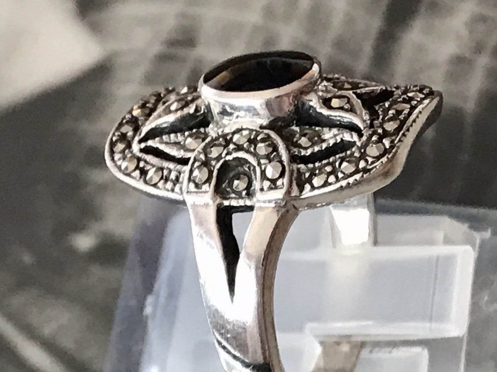 Antik Art Déco Damen Schiffchen Ring 925 Silber Gr.60 Onyx Markasite