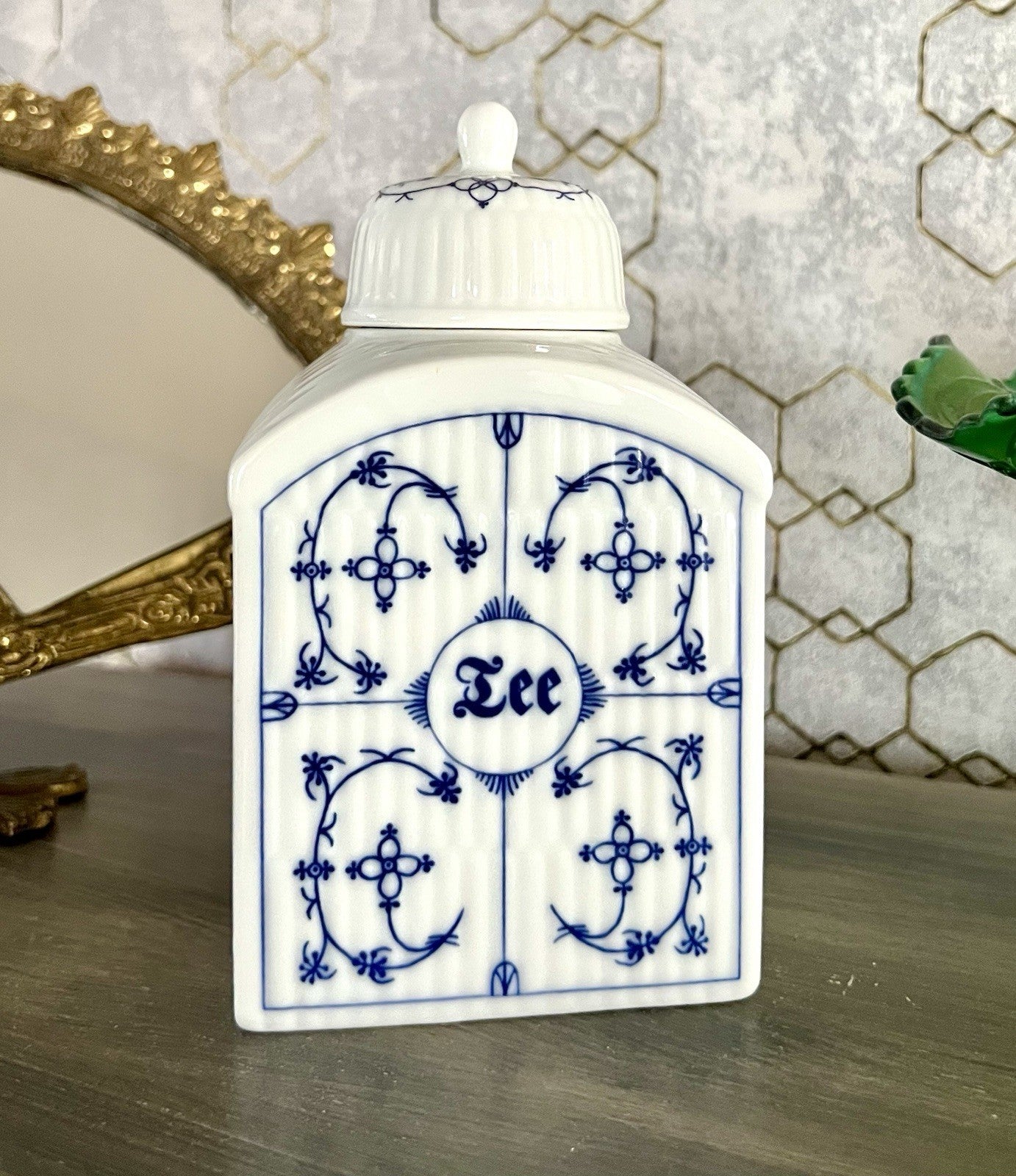Vintage älter 1 Porzellan Teedose indisch blau weiß Rauderfehn Frerich Kramer