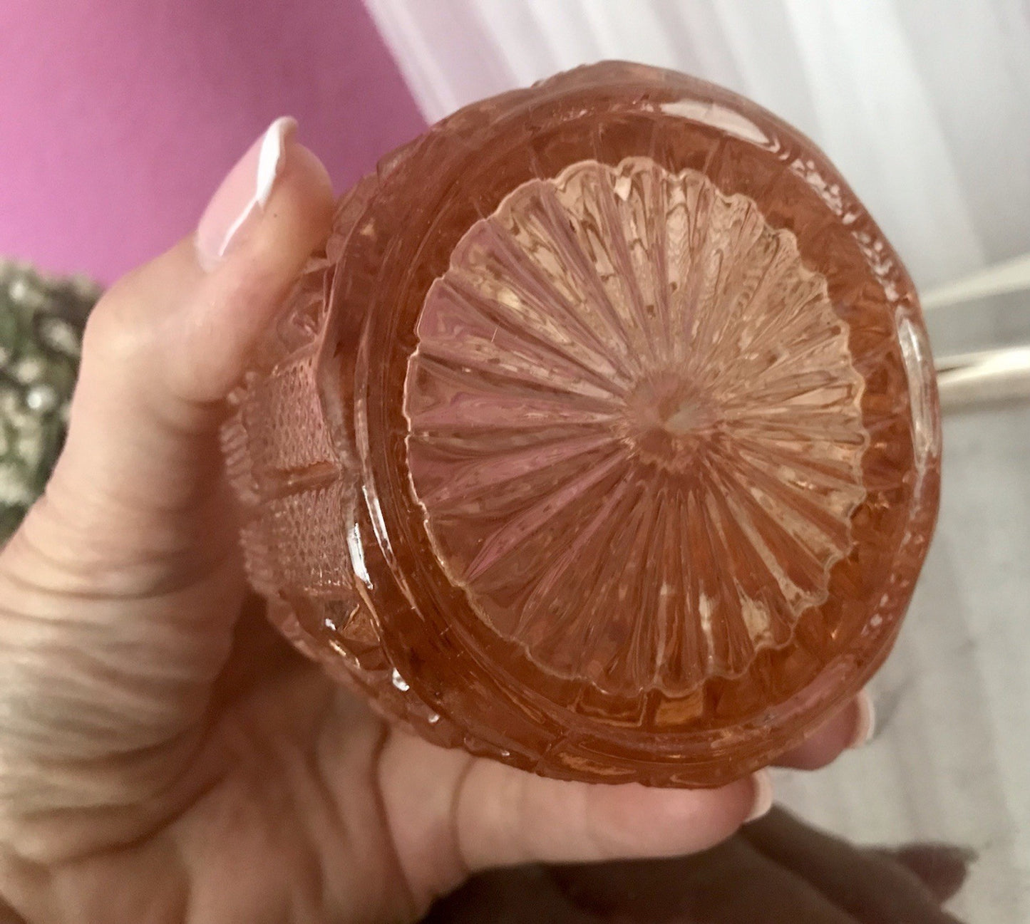 Antik Art Déco Dose Deckeldose Zierdose Pressglas Rosalin rosa Glas