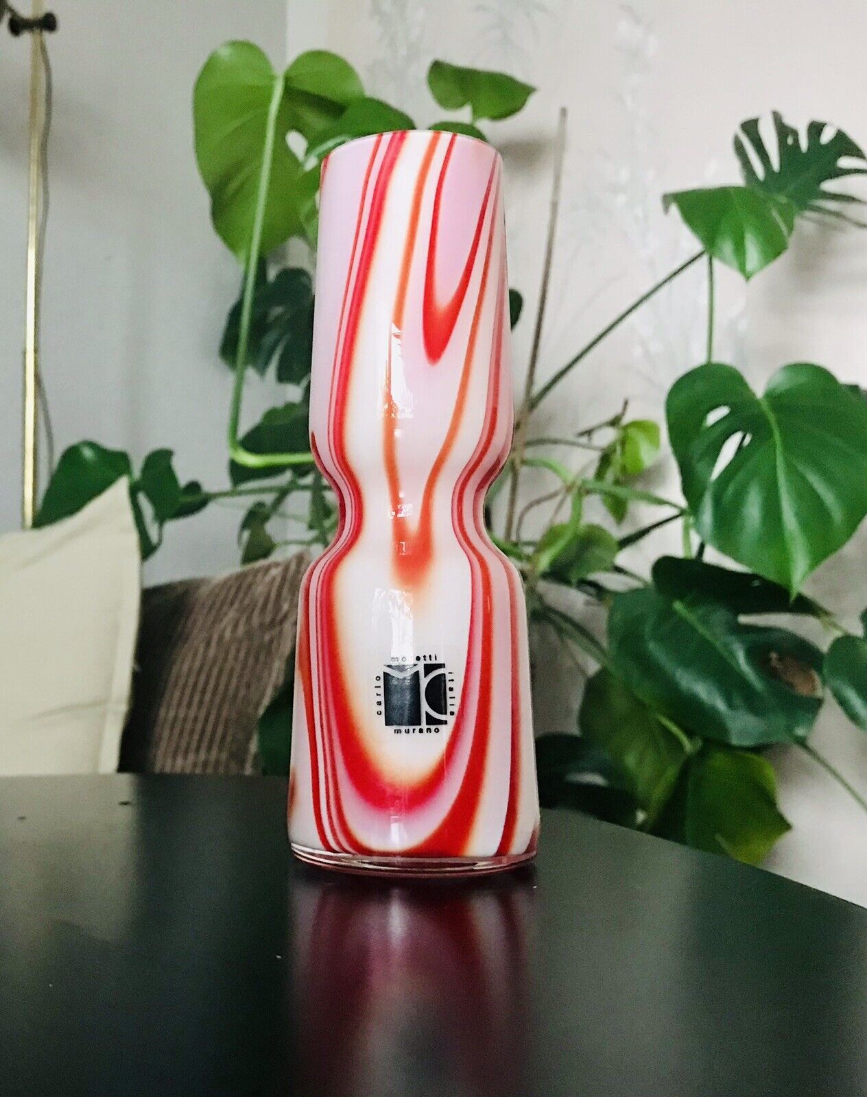 Carlo Moretti Vintage  Vase Murano Glasvase rot weiß