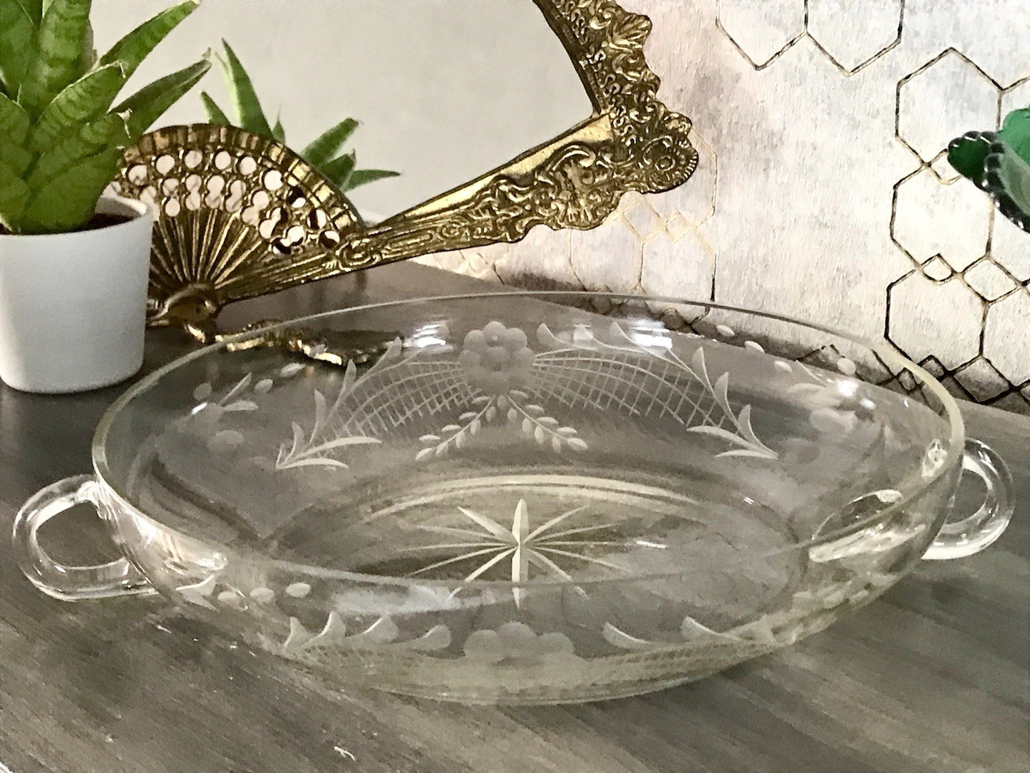 Antik EDEL Art Déco Schale Glasschale mundgeblasen geschliffen mit Henkeln